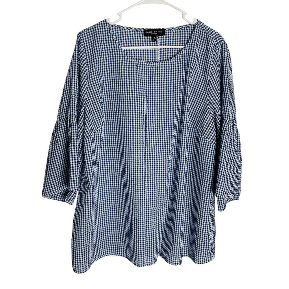 Como Black Gingham Blouse Tunic Top Womens‎ 2X Navy 3/4 Ruffle Sleeve Seersucker
